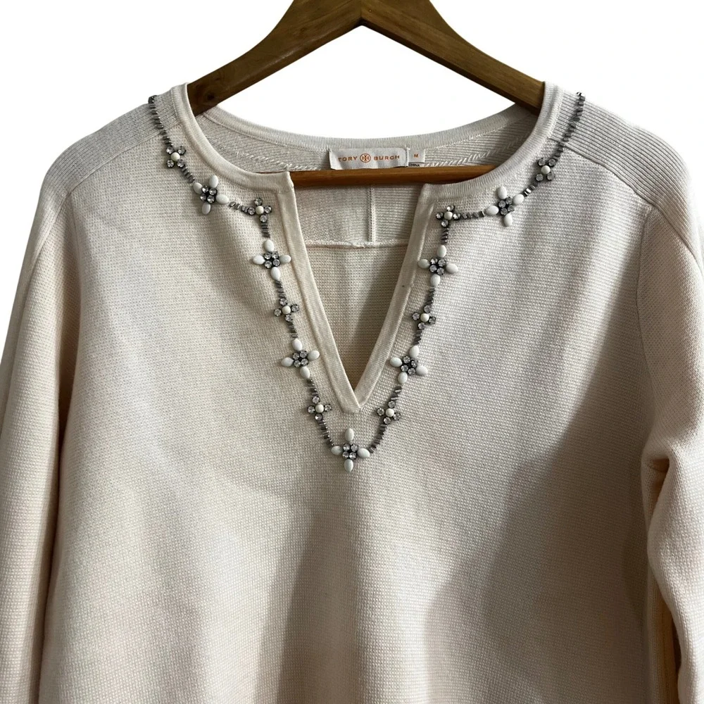 Tory Burch Embellished Merino Wool Sweater Cream Women Size M Crystal V-Neck